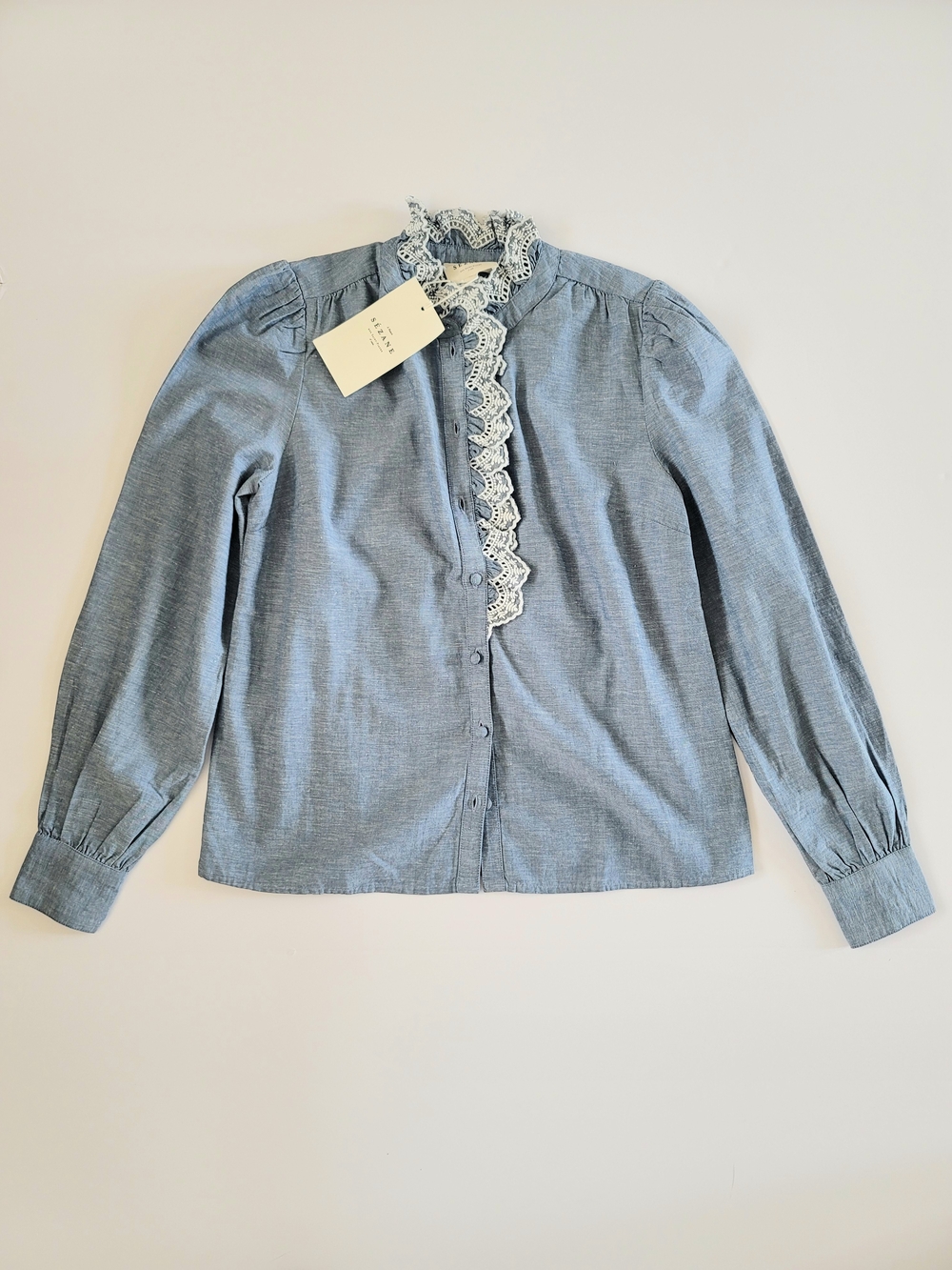 Sezane Chlo Shirt in Chambray Blue, Size 2, Embroidery Trim, French Romantic - Picture 4 of 11